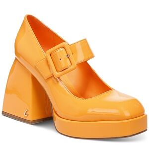 Mary Jane Khiara Shiny Bright Orange Platform Patent Leather Block Heels 10